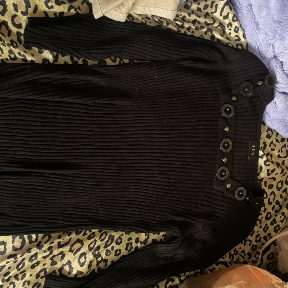 Black Ribbed Crewneck Sweater with Decorative Button Detail